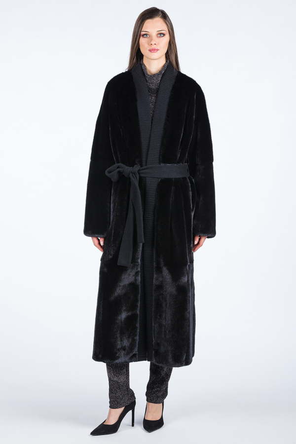 SHIWANOARU POLYESTER STRETCH TWILL DOUBLE WRAP BELT COAT(M Black